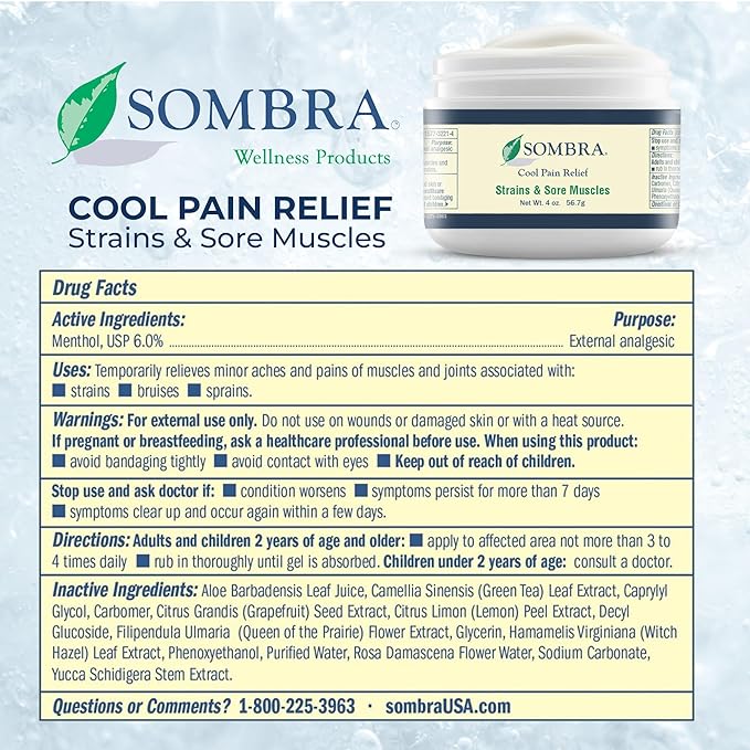 Sombra Original Cool Therapy Gel Cold Pain Relief for Swelling, Growing Pains, Soreness, Post-Workout, Vegan Formula Free of Artificial Fragrances, Dyes, NSAID, Wax, Petroleum, Alcohol - 4oz Jar