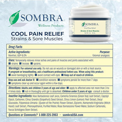 Sombra Original Cool Therapy Gel Cold Pain Relief for Swelling, Growing Pains, Soreness, Post-Workout, Vegan Formula Free of Artificial Fragrances, Dyes, NSAID, Wax, Petroleum, Alcohol - 4oz Jar