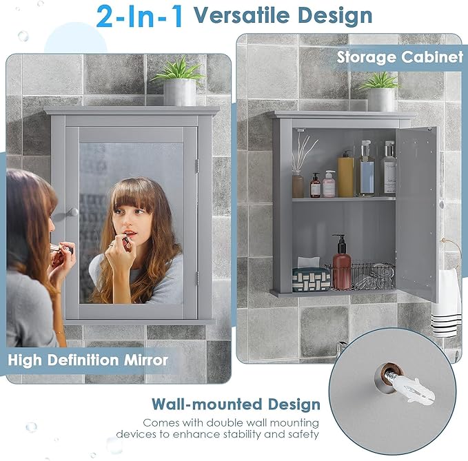 Safeplus Grey Medicine Cabinet with Mirror, Wall Mounted Adjustable Storage for Bathroom, Living Room, Bedroom, Entryway and Kitchen