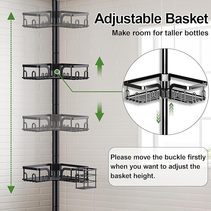 Corner Shower Caddy Tension Pole, 4-Tier Rustproof Bathroom Organizer Storage for Inside Shower Bathtub Shampoo,39 to 113 Inch Adjustable Floor Standing Shelves Black