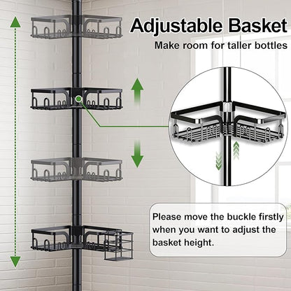 Corner Shower Caddy Tension Pole, 4-Tier Rustproof Bathroom Organizer Storage for Inside Shower Bathtub Shampoo,39 to 113 Inch Adjustable Floor Standing Shelves Black