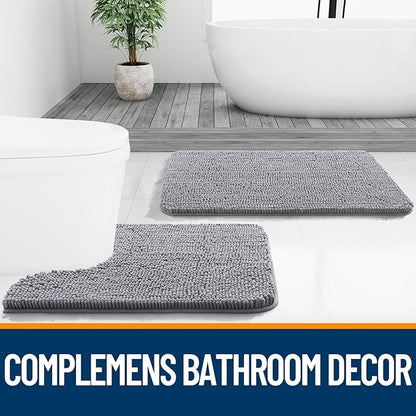 OLANLY Bathroom Rugs Sets 2 Piece, Soft Absorbent Chenille Bath Mats and U-Shaped Contour Toilet Mat Area Rug Set, Machine Washable Bath Carpet, Home Decor Accessories(30"x20"+24"x20", Grey)