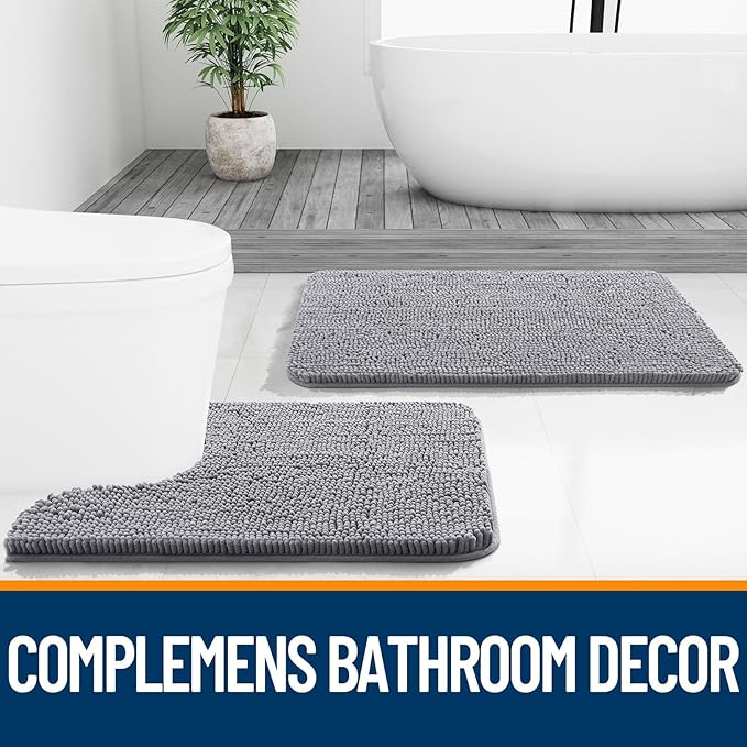 OLANLY Bathroom Rugs Sets 2 Piece, Soft Absorbent Chenille Bath Mats and U-Shaped Contour Toilet Mat Area Rug Set, Machine Washable Bath Carpet, Home Decor Accessories(24"x16"+24"x20", Grey)