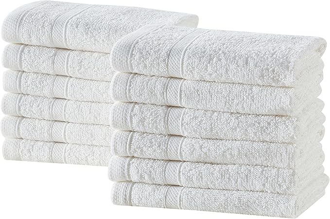 Clorox Bleach Friendly, Quick Dry, 100% Cotton Washcloths (12" x 12"), Highly Absorbent Soft Lightweight, Ideal for Everyday Use, Easy to Wash (12 Pack, White)