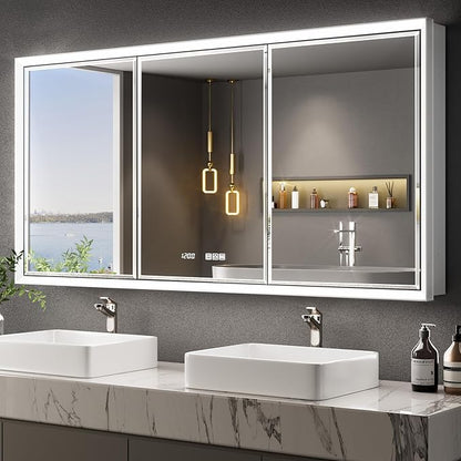 60x30 Beveled Lighted Medicine Cabinet with Mirror & Lights, Surface or Recessed Mirrored Medicine Cabinet with Outlet & Clock, Anti-Fog Dimmable LED Storage Cabinet, Built-in Sensor Light