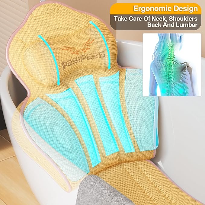 Ergonomic Full Body Bath Pillow for Bathtub, 3.9 inch Thickened Tub Pillows for Back Support and Headrest Neck, Soft 5D Air Mesh Cushion & Mat, Bathtub Pillow with 13 Suction Cups(Gold)