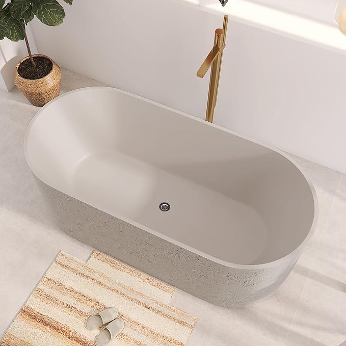 63" Premium Travertine Solid Surface Freestanding Bathtub, Unique Matte Textured Surface Stone Resin Soaking Tub with Pop-up Drain