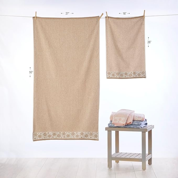SKL Home Christmas/Winter Heather Snowflake 100% Cotton Premium 2-Piece Hand Towel Set, 500 GSM, Soft & Absorbent Jacquard, Decorative for Bath/Kitchen/Bar, Tan