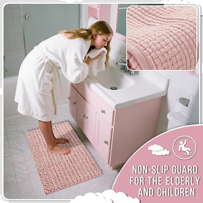 Yimobra Bathroom Rugs Non Slip Washable - Ultra Soft Absorbent Chenille Bath Mat, Quick Dry Shaggy Floor Carpet for Tub Shower, Light Pink Home Decor Accessories, 24x17 Inch