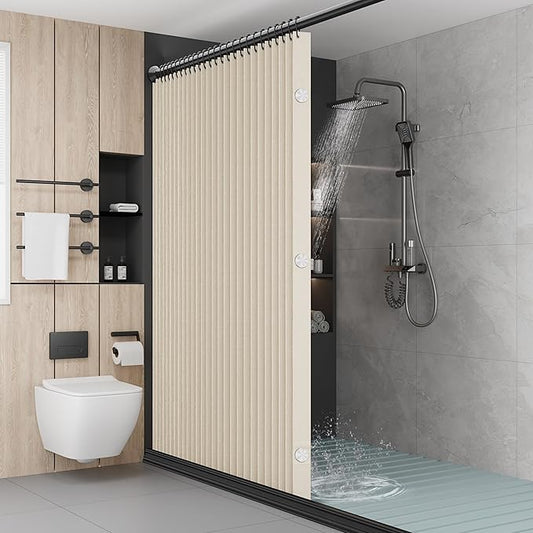 Bathroom Magnetic Folding Shower Curtain, Accordion-Style Shower Curtain, Suitable for Shower Rooms, bathtubs, Hotels or Apartments (Cream Color, W:70*H79.5Inch)