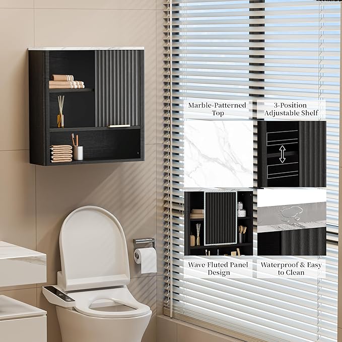 24” Bathroom Wall Cabinet, Modern Wood Medicine Cabinet with Adjustable Shelves, Above Toilet Storage Organizer for Kitchen, Living Room,Laundry Room,Black