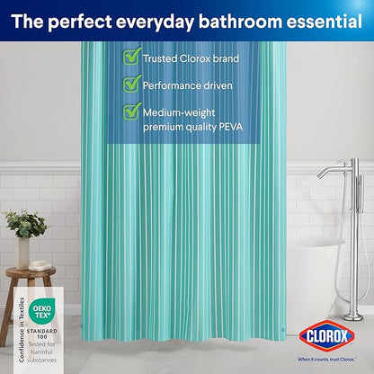 CLOROX Shower Curtain Liner, Premium Striped Medium-Weight Durable Waterproof 6g PEVA for Bathroom with Weighted Magnets, Printed Standard Size 72" x 72", Aqua