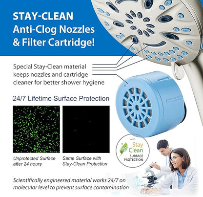 AquaCare Magneton 8-setting Magnetic Docking Hand Shower with Built-in Shower Filter - ON/OFF Filtration Modes, Instant Cartridge Reload, Stay-Clean KDF Cartridge, 6 ft. Steel Hose, Satin Nickel