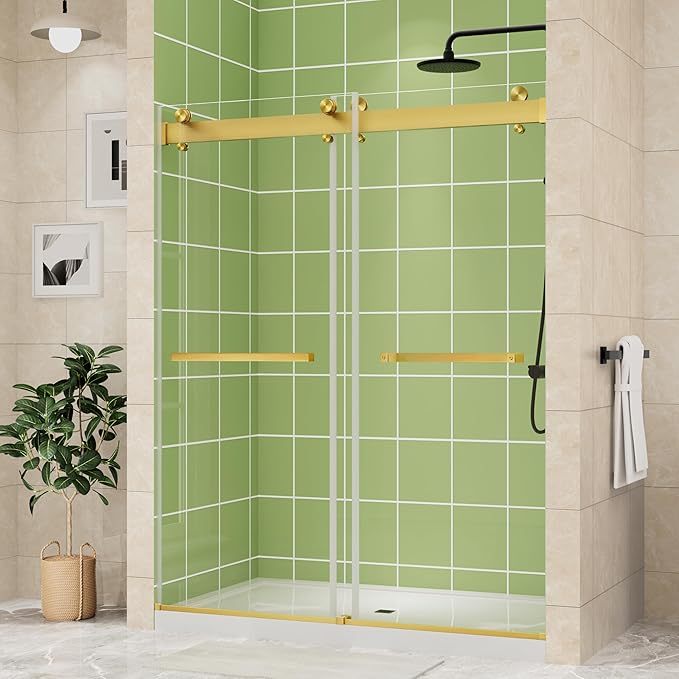 DELAVIN 56-60" W x 75" H Double Sliding Shower Door, Gold Frameless Shower Door, 1/4" (6mm) SGCC Tempered Glass, Noiseless Leak Proof Shower Doors with Square Rail, Stainless Steel, Aluminum