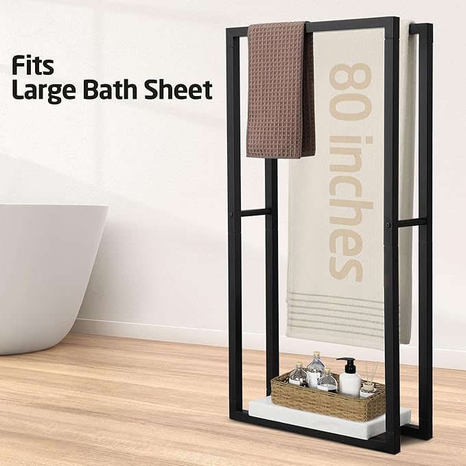 KES 42" H Bathroom Free Standing Towel Rack, Freestanding Floor Towel Rack Stand 2 Tier with Marble Base for Bathroom Floor, Double Large Bath Sheet Extra High Thick, Matte Black, BTH503-BK
