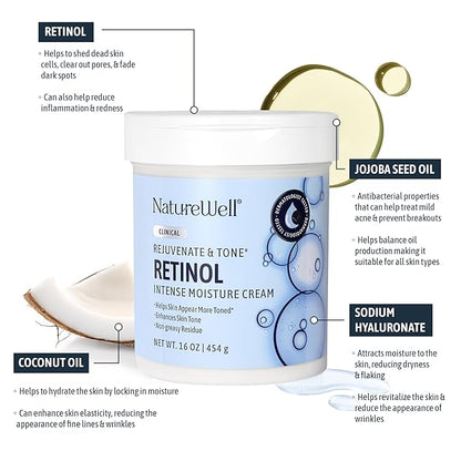 NATURE WELL Clinical Retinol Advanced Moisture Cream for Face, Body, & Hands, Boosts Skin Firmness, Enhances Skin Tone, No Greasy Residue, Packaging May Vary, 2 Pack (10 Oz Each)
