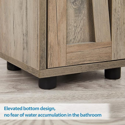Bathroom Cabinet with Adjustable Shelf, Storage Cabinet for Small Space, Tall Bathroom Storage Cabinet with Retractable Toilet Paper Rod, Narrow Cabinet with 2 Doors, 8 Compartment, Brown Gray
