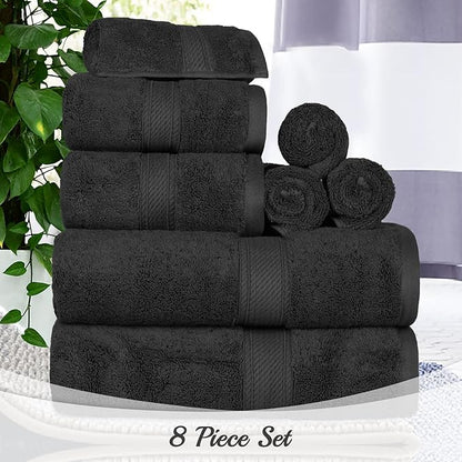 BLUENILEMILLS Madison Egyptian Cotton Towels, Towel Set for Bathroom, Shower, Hotel, Plush, 800 GSM, Highly Absorbent and Ultra-Soft Towels, Bath Essentials, 8 Piece Assorted Towel Set, Black