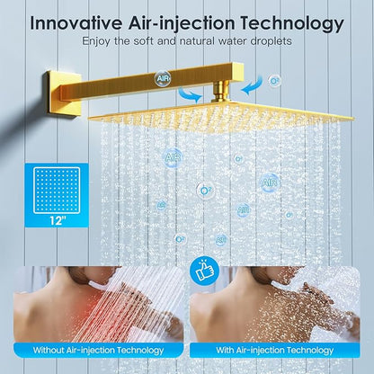 Shower System Shower Faucet Set with Push-Button Diverter and Wall Supply Elbow 12 Inch Shower Head Brushed Gold