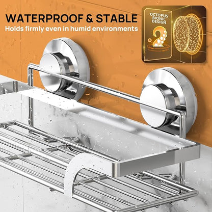 LEVERLOC 2 Pack Shower Caddy Suction Cup, Shower Shelves for Inside, Rustproof Metal Bathroom Storage NO-Drilling Bath Organizer with Large Capacity,Heavy Duty Storage Basket,Home Decor,Silver