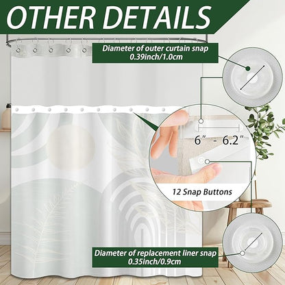 Olive Green Bohemian See Through Mesh Top Shower Curtain with Window, Emerald Green Mid Century Modern Double Layer Shower Curtains with Snap in Liner, Waterproof Fabric with Hooks, 71x 72 in