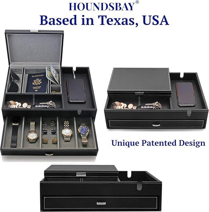 HOUNDSBAY Admiral Dresser Valet Box & Mens Jewelry Box Organizer with Large Smartphone Charging Station (Grey)