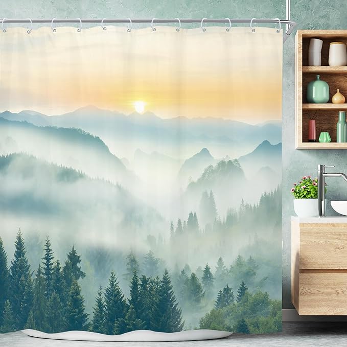 Riyidecor Mountain Shower Curtain 72Wx72H Inch Green Sunrise Sunset Scenery Landscape Tree Nature Pine Scenic Woodland Greenery View Bathroom Decor Fabric Polyester Waterproof 12 Pack Hooks