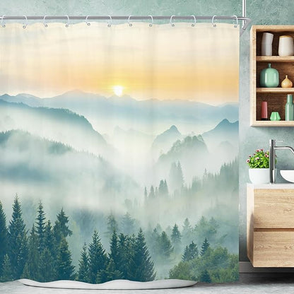 Riyidecor Mountain Shower Curtain 72Wx72H Inch Green Sunrise Sunset Scenery Landscape Tree Nature Pine Scenic Woodland Greenery View Bathroom Decor Fabric Polyester Waterproof 12 Pack Hooks