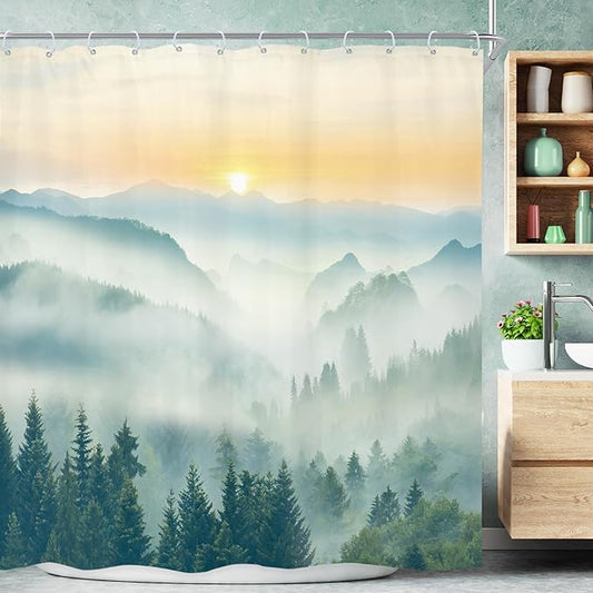 Riyidecor Mountain Shower Curtain 72Wx72H Inch Green Sunrise Sunset Scenery Landscape Tree Nature Pine Scenic Woodland Greenery View Bathroom Decor Fabric Polyester Waterproof 12 Pack Hooks
