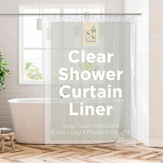 Stitch & Stone Shower Curtain Liner, Premium Medium Weight Durable Waterproof 6g PEVA for Bathroom with Weighted Magnets, Extra Long 72" x 78", Clear 1 Pack