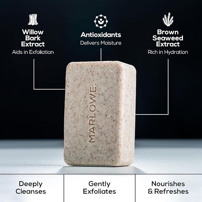 MARLOWE. No. 102 Body Scrub Soap 7 oz (6 Bars), Oud Wood, Exfoliating Soap Bar with Shea Butter, Olive Oil & Green Tea Extracts, Cleanses, Smooths & Revitalizes Skin, Earthy & Smoky Scent