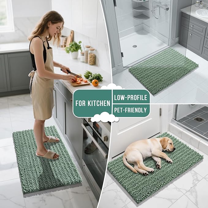 Yimobra Bathroom Runner Rug 70x24 Inch - Extra Long Non Slip Chenille Bath Mat, Soft & Absorbent, Machine Washable Shaggy Hallway Carpet for Vanity Tub Shower, Green Home Decor Accessories