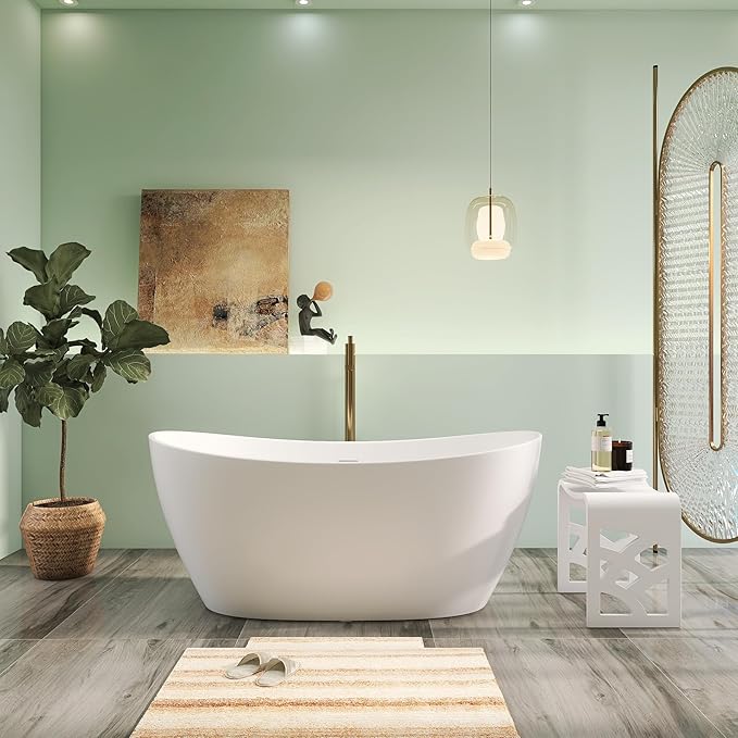55" Premium Solid Surface Freestanding Bathtubs, Contemporary Design Stand Alone Stone Resin Tub with Overflow and Pop-up Drain, Matte White