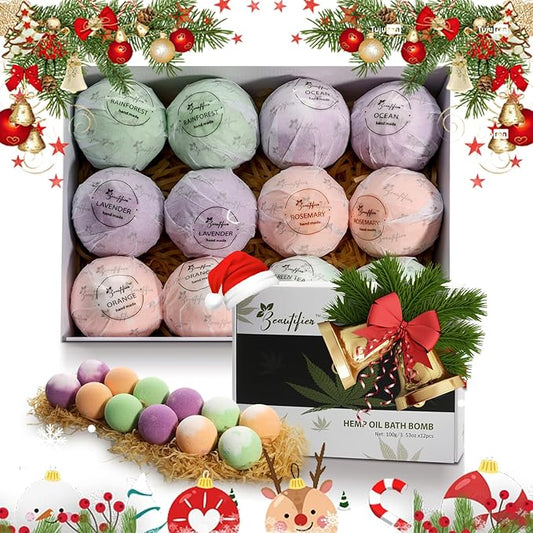 Hemp Oil Bath Bombs Gift Set Natural Refreshing Bubble Bath Kit with 6 Relaxing Scents Made from Pure Essential Oil for Bubble and Spa Bath, Birthday Mother's Valentine's Day Gifts