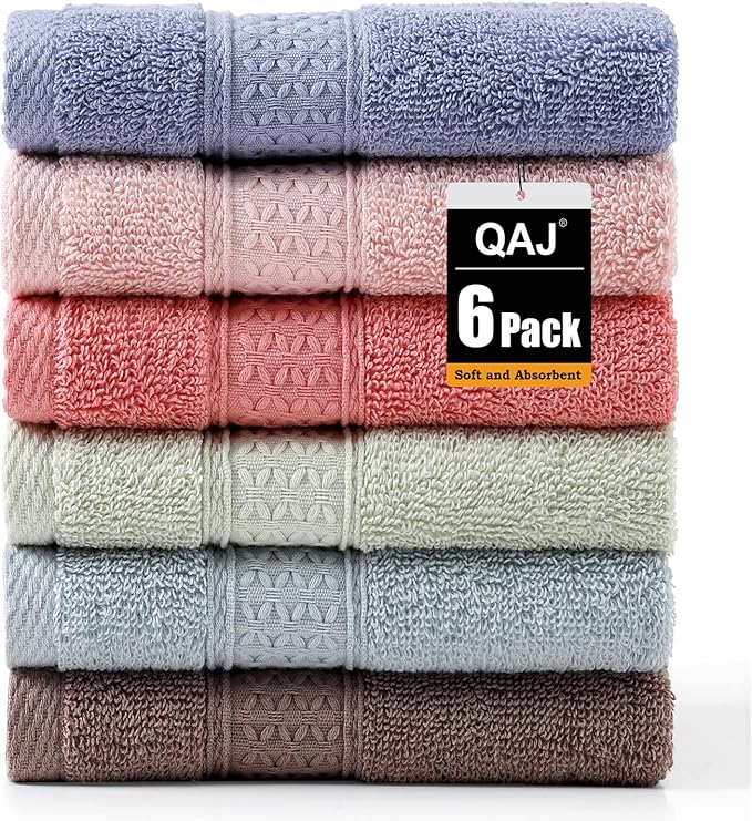 6 Pack 100% Cotton Washcloths Set, Highly Absorbent and Soft Feel Fingertip Towels, 13 x 13 in Quick Dry Face Cloths