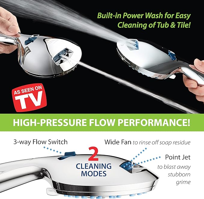 Hotel Spa AquaCare As-Seen-On-TV High Pressure Handheld & Rain 50-mode 3-way Shower Head Combo with Anti-clog Jets, 2-mode Tub & Pet Power Wash, Extra Wall Bracket, 6 ft. Hose, All Chrome Finish