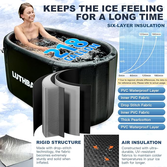 Cold Plunge | Upgraded 218 Gallon Inflatable Ice Freestanding Bathtub with 5 Layers Durable Design | Portable Cold Water Bath for Athletes' Recovery | Ice Bath for Outdoor and Camping | Black