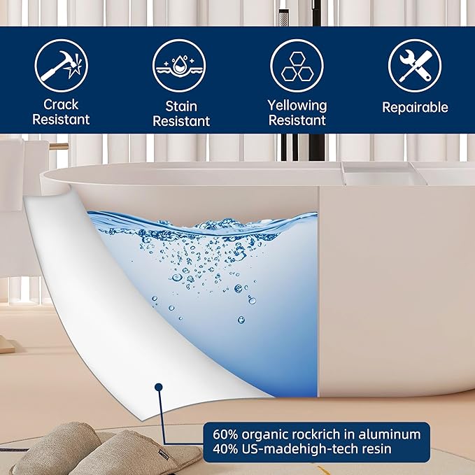 59'' Stone Resin Freestanding Bathtub, Bathroom Solid Surface Tub Bathtubs soaker Tubs Oval Shaped Matte Luxury Modern Soaking Tub with Overflow and Pop-up Drain - White