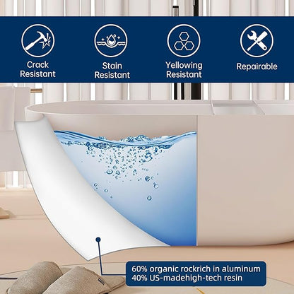 59'' Stone Resin Freestanding Bathtub, Bathroom Solid Surface Tub Bathtubs soaker Tubs Oval Shaped Matte Luxury Modern Soaking Tub with Overflow and Pop-up Drain - White
