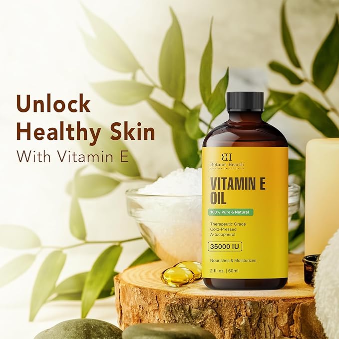 Botanic Hearth Vitamin E Oil (Glass Bottle 2 Fl Oz) | 100% Pure and Natural Oil for Growth of Nails, Hair, Eyebrows & Eyelashes | 35,000 Iu | Hair & Body Oil with Eyebrow & Eyelash Brush
