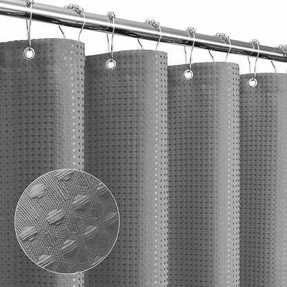 Gibelle Long Shower Curtain 72 x 78, Tall Waffle Weave Textured Fabric Shower Curtain for Bathroom, Water Repellent, Machine Washable, Grey