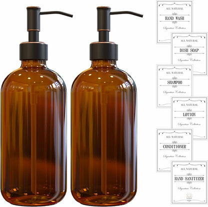 2 Pack Amber Glass Soap Dispenser 16 OZ with Oil Rubbed Bronze Stainless Steel Pump, Hand and Dish Soap Dispenser Set for Bathroom and Kitchen Sink with 6 Waterproof Labels