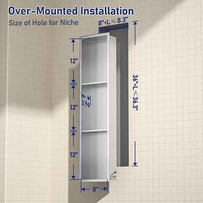 Stainless Steel Shower Niche 8"×36" with 3-Tier Shelves Brushed No Tiled Needed Niche Shower for Bathroom Wall Recessed Shower Shelf for Storage