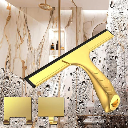 All-Purpose Shower Squeegee for Shower Glass Doors with 2 Adhesive Hook, Stainless Steel Squeegee for Bathroom, Household Window, Mirrors, Tiles and Car Windows 10 Inches, Clear, Golden