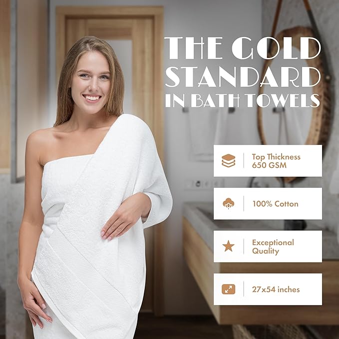 Wealuxe White Bath Towels 27x54 Inch, Cotton Towel Set for Bathroom, Hotel, Gym, Spa, Soft Extra Absorbent Quick Dry 4 Pack