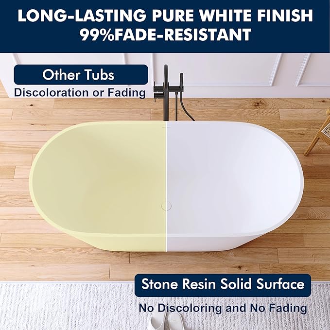 63'' Freestanding Solid Surface Resin Stone Bathtub, Freestanding Tub, Contemporary Design Stand Alone Tub with Pop-up Drain and Overflow, cUPC Certified,