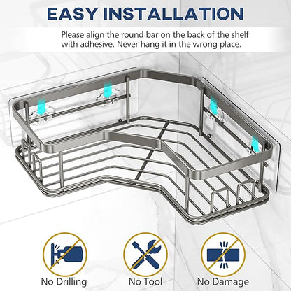 MAXIFFE 3 Pack Corner Shower Caddy with Soap Holder, Large Capacity Sturdy Easy Install No Drilling Stainless Steel Hold 40 LBS Shower Organizer Shelves Rack Storage for Family Renters Bathroom, Grey