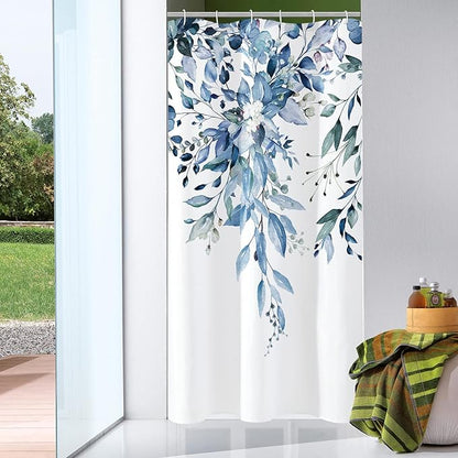 Gibelle Small Stall Shower Curtain 36 x 72, Narrow Blue Floral Shower Curtain for Bathroom, Watercolor Plant Eucalyptus Leaves Fabric Shower Curtain Set