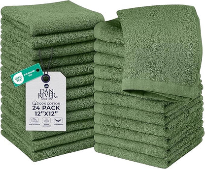 DAN RIVER 24 Pack Wash Cloths for Showering [12x12] - 100% Cotton Washcloths Premium Quality Flannel Face Cloths for Bathroom, Highly Absorbent and Soft Feel Wash Clothes, Sage Green