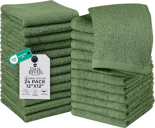 DAN RIVER 24 Pack Wash Cloths for Showering [12x12] - 100% Cotton Washcloths Premium Quality Flannel Face Cloths for Bathroom, Highly Absorbent and Soft Feel Wash Clothes, Sage Green